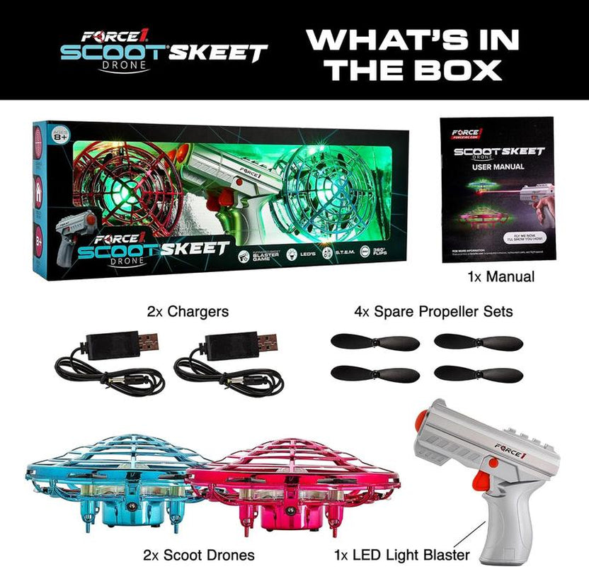 Force1 Scoot Skeet Drone Electronic Shooting Game for Kids and Adults - Drones + Blaster Set - LED Stunt Drone, Indoor Mini Drone Kids Flying Toys