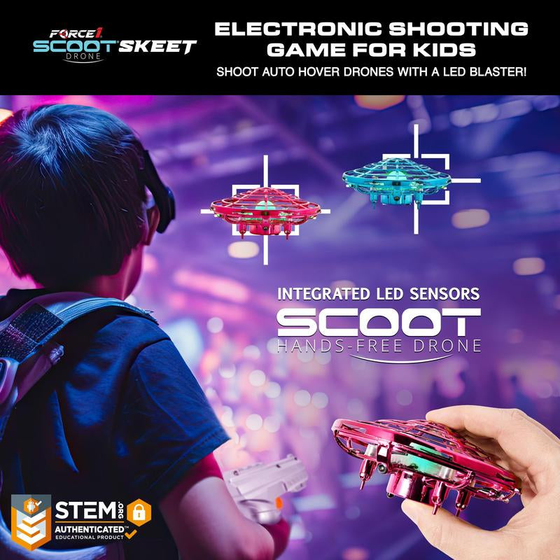 Force1 Scoot Skeet Drone Electronic Shooting Game for Kids and Adults - Drones + Blaster Set - LED Stunt Drone, Indoor Mini Drone Kids Flying Toys